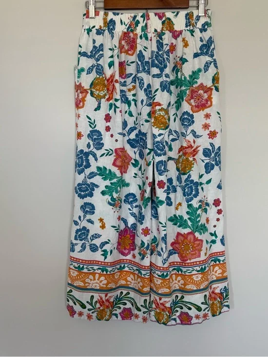 Rachel Zoe Linen Blend White Colorful Floral Print Wide Leg Pants Size Small - Picture 5 of 12